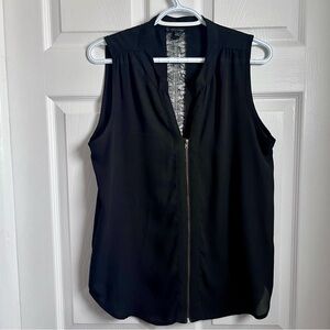 Attitude Top Blouse Mesh Open Back Black Large Women Zip Sleeveless V-Neck